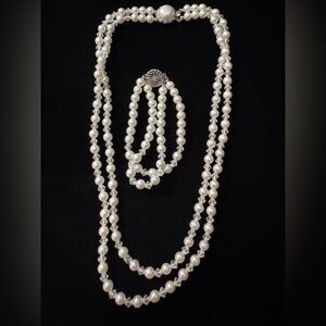 Ivory Faux Pearl and Crystal Multi-Strand Necklace and Bracelet Set